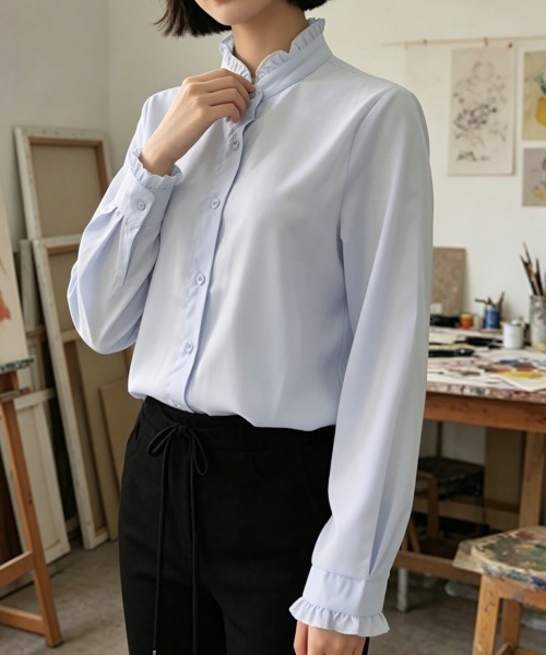 Miniministore(ミニミニストア)の「フリルブラウス 長袖 レディース 春夏秋(シャツ/ブラウス・レディース・ピンク/ライトブルー/ブラック/ライトベージュ・FREE)」の13枚目の写真