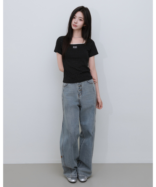 muahmuah（ムーアムーア）の「スクエアネック ドット ハーフスリーブ [5色]（Tシャツ/カットソー・レディース・ブラック/ホワイト/グレー/スカイブルー/ライトピンク・FREE）」の16枚目の写真
