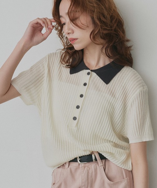 ad thie(アドティエ)の「バイカラー シアー ポロ トップス(ニット/セーター・レディース・ライトブルー/ブラック/ライトグレー/アイボリー・FREE)」の3枚目の写真