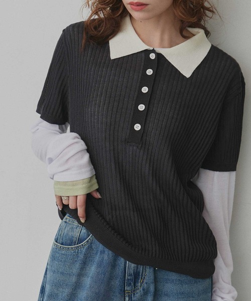 ad thie(アドティエ)の「バイカラー シアー ポロ トップス(ニット/セーター・レディース・ライトブルー/ブラック/ライトグレー/アイボリー・FREE)」の1枚目の写真