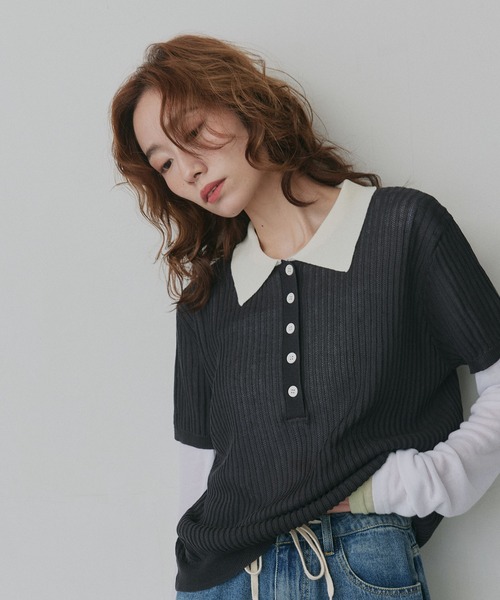 ad thie(アドティエ)の「バイカラー シアー ポロ トップス(ニット/セーター・レディース・ライトブルー/ブラック/ライトグレー/アイボリー・FREE)」の11枚目の写真