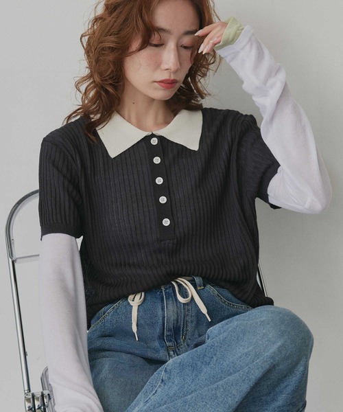 ad thie(アドティエ)の「バイカラー シアー ポロ トップス(ニット/セーター・レディース・ライトブルー/ブラック/ライトグレー/アイボリー・FREE)」の13枚目の写真