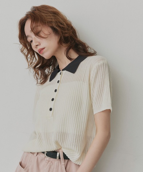 ad thie(アドティエ)の「バイカラー シアー ポロ トップス(ニット/セーター・レディース・ライトブルー/ブラック/ライトグレー/アイボリー・FREE)」の6枚目の写真