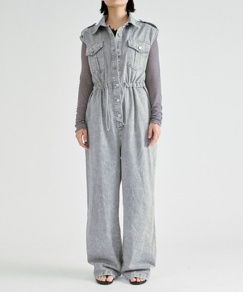 Ezick(エジック)の「washed denim all-in-one/ウォッシュデニムノースリーブオールインワン(つなぎ/オールインワン・レディース・グレー/ライトブラウン・FREE)」の9枚目の写真