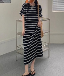 半袖ボーダーロングワンピ