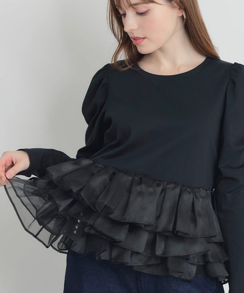 PICCIN PERLA（ピッチンペルラ）の「ギャザースリーブチュチュプルオーバー（Tシャツ/カットソー・レディース・オフホワイト/ブラック・M）」の2枚目の写真