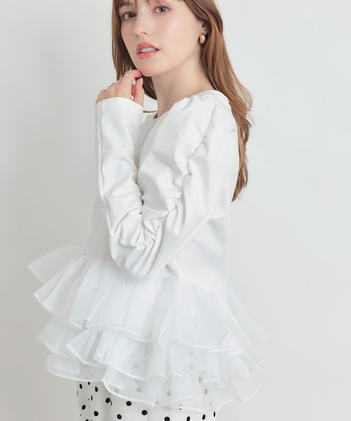 PICCIN PERLA（ピッチンペルラ）の「ギャザースリーブチュチュプルオーバー（Tシャツ/カットソー・レディース・オフホワイト/ブラック・M）」の4枚目の写真