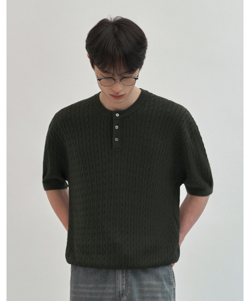 WORK ON BODY OFF（ワークオンボディオフ）の「クールバンブーセミオーバーフィットケーブルヘンリーネック半袖ニット[グリーン]（ニット/セーター・メンズ・グリーン・MEDIUM/LARGE/X-LARGE）」の5枚目の写真