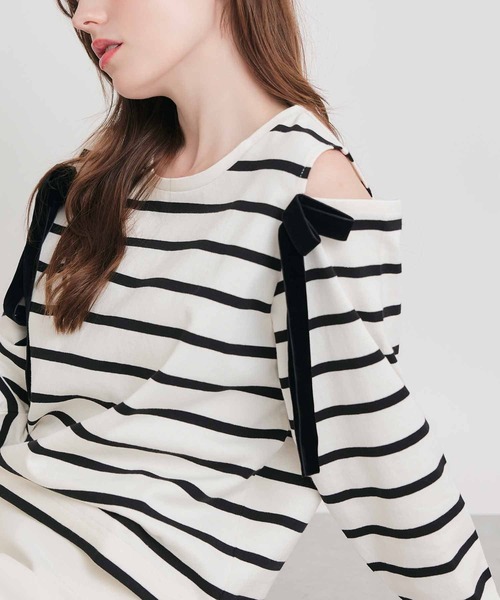 PICCIN(ピッチン)の「オープンショルダーリボンボーダーカットソー(Tシャツ/カットソー・レディース・ホワイト系その他/ブラック系その他・M)」の19枚目の写真