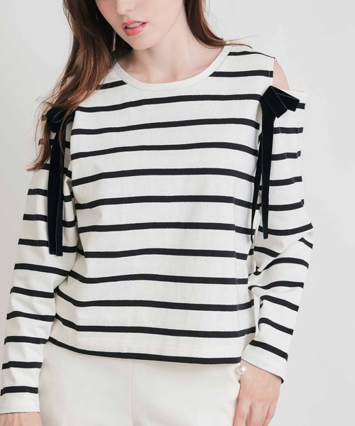PICCIN(ピッチン)の「オープンショルダーリボンボーダーカットソー(Tシャツ/カットソー・レディース・ホワイト系その他/ブラック系その他・M)」の18枚目の写真
