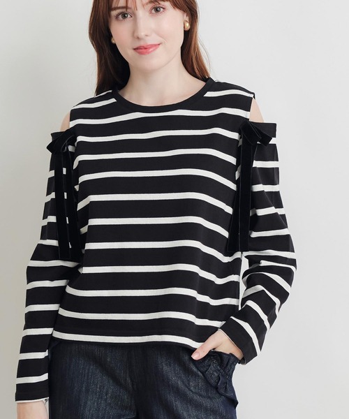 PICCIN(ピッチン)の「オープンショルダーリボンボーダーカットソー(Tシャツ/カットソー・レディース・ホワイト系その他/ブラック系その他・M)」の5枚目の写真