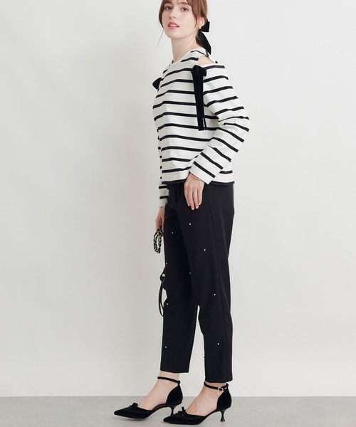 PICCIN(ピッチン)の「オープンショルダーリボンボーダーカットソー(Tシャツ/カットソー・レディース・ホワイト系その他/ブラック系その他・M)」の3枚目の写真