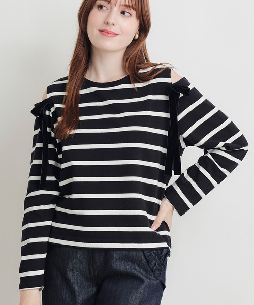 PICCIN(ピッチン)の「オープンショルダーリボンボーダーカットソー(Tシャツ/カットソー・レディース・ホワイト系その他/ブラック系その他・M)」の9枚目の写真