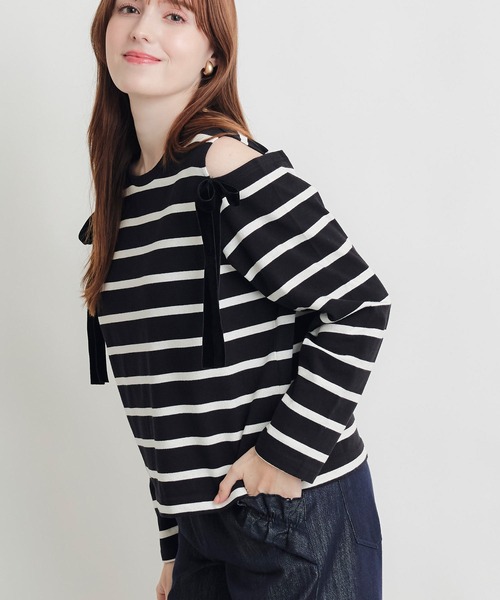 PICCIN(ピッチン)の「オープンショルダーリボンボーダーカットソー(Tシャツ/カットソー・レディース・ホワイト系その他/ブラック系その他・M)」の6枚目の写真