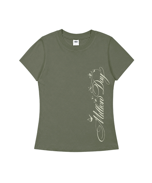 MILLION DAY(ミリオンデイ)の「バタフライスクリプト スリムフィット 半袖Tシャツ(Tシャツ/カットソー・レディース・クリーム/グレー/カーキ/ホワイト・SMALL/MEDIUM/LARGE)」の4枚目の写真