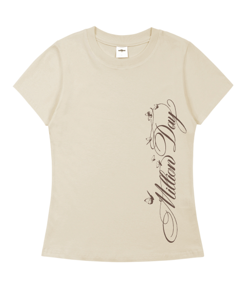 MILLION DAY(ミリオンデイ)の「バタフライスクリプト スリムフィット 半袖Tシャツ(Tシャツ/カットソー・レディース・クリーム/グレー/カーキ/ホワイト・SMALL/MEDIUM/LARGE)」の6枚目の写真
