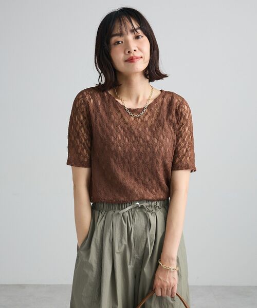 Green　Parks（グリーンパークス）の「レース半袖プルオーバー（Tシャツ/カットソー・レディース・ブラック/オフホワイト/ブラウン・FREE）」の8枚目の写真