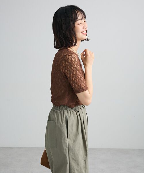 Green　Parks（グリーンパークス）の「レース半袖プルオーバー（Tシャツ/カットソー・レディース・ブラック/オフホワイト/ブラウン・FREE）」の9枚目の写真