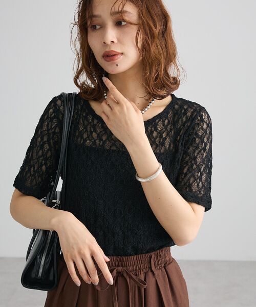 Green　Parks（グリーンパークス）の「レース半袖プルオーバー（Tシャツ/カットソー・レディース・ブラック/オフホワイト/ブラウン・FREE）」の21枚目の写真