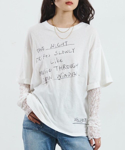 ROSE BUD(ローズバッド)の「LACE SLEEVE LAYERED TEE(Tシャツ/カットソー・レディース・チャコール/ホワイト・ONE SIZE)」の1枚目の写真