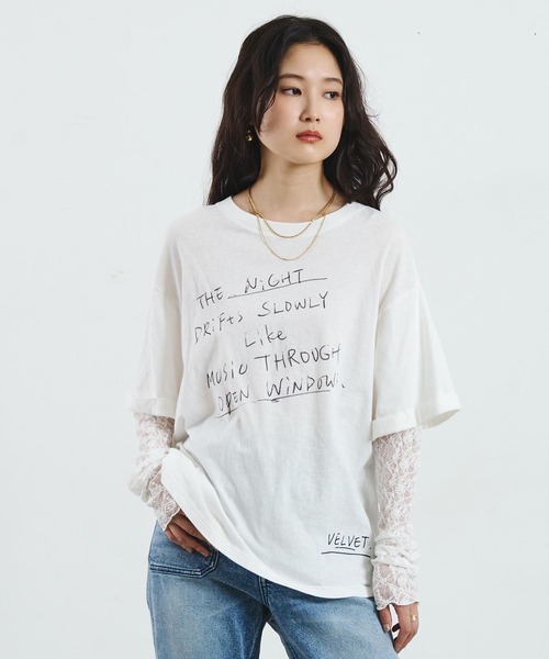 ROSE BUD(ローズバッド)の「LACE SLEEVE LAYERED TEE(Tシャツ/カットソー・レディース・チャコール/ホワイト・ONE SIZE)」の3枚目の写真