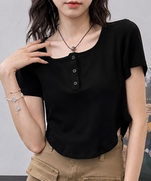 華奢見えが叶うトレンドアイテム♪ ヘンリーネックショート丈Tシャツ