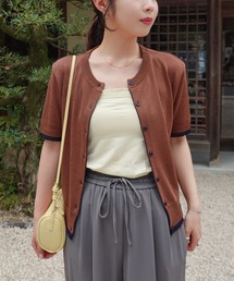 【Airi Select】 バイカラー半袖ニットカーディガン/ニットカーディガン バイカラー 配色 クルーネック 半袖ニット コンパクトニット 羽織り 韓国ファッション オフィスカジュアル カジュアル 通勤 デイリー 春服 秋服 ブラウン グレー