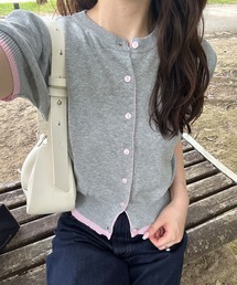 【Airi Select】 バイカラー半袖ニットカーディガン/ニットカーディガン バイカラー 配色 クルーネック 半袖ニット コンパクトニット 羽織り 韓国ファッション オフィスカジュアル カジュアル 通勤 デイリー 春服 秋服 ブラウン グレー