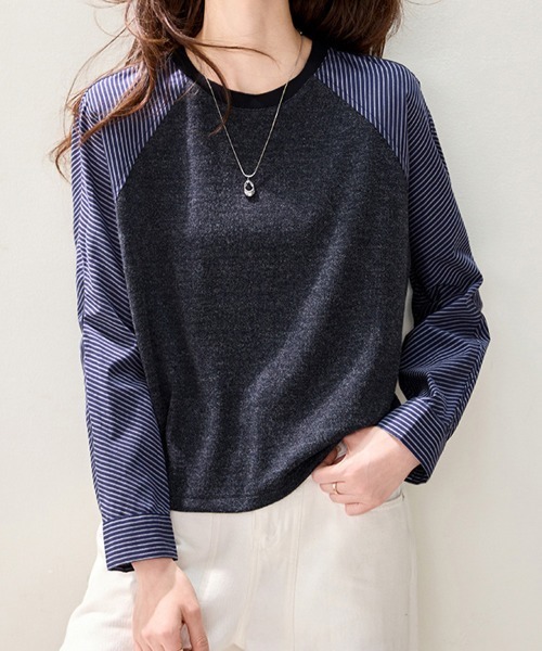 ONEP STAR(ワンピスター)の「異素材切り替えドロスト長袖プルオーバー(Tシャツ/カットソー・レディース・ダークブルー・MEDIUM/LARGE/X-LARGE)」の2枚目の写真