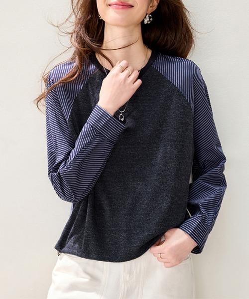 ONEP STAR(ワンピスター)の「異素材切り替えドロスト長袖プルオーバー(Tシャツ/カットソー・レディース・ダークブルー・MEDIUM/LARGE/X-LARGE)」の3枚目の写真