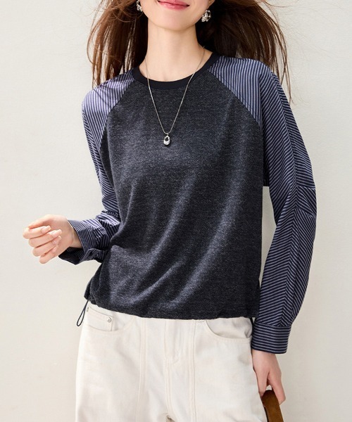 ONEP STAR(ワンピスター)の「異素材切り替えドロスト長袖プルオーバー(Tシャツ/カットソー・レディース・ダークブルー・MEDIUM/LARGE/X-LARGE)」の6枚目の写真