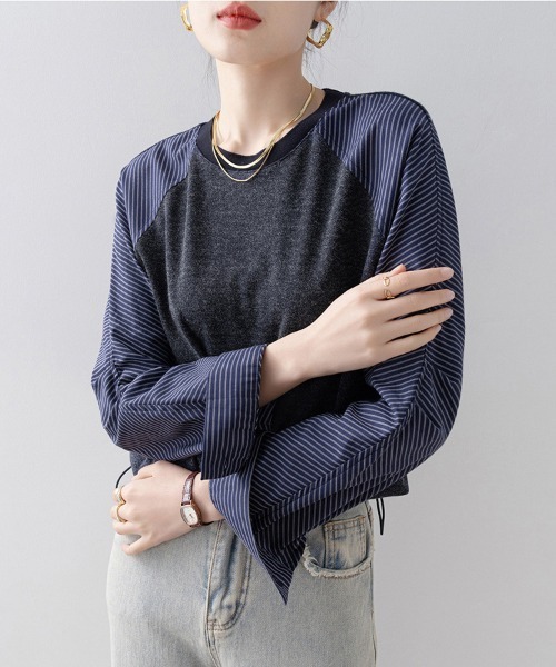 ONEP STAR(ワンピスター)の「異素材切り替えドロスト長袖プルオーバー(Tシャツ/カットソー・レディース・ダークブルー・MEDIUM/LARGE/X-LARGE)」の8枚目の写真