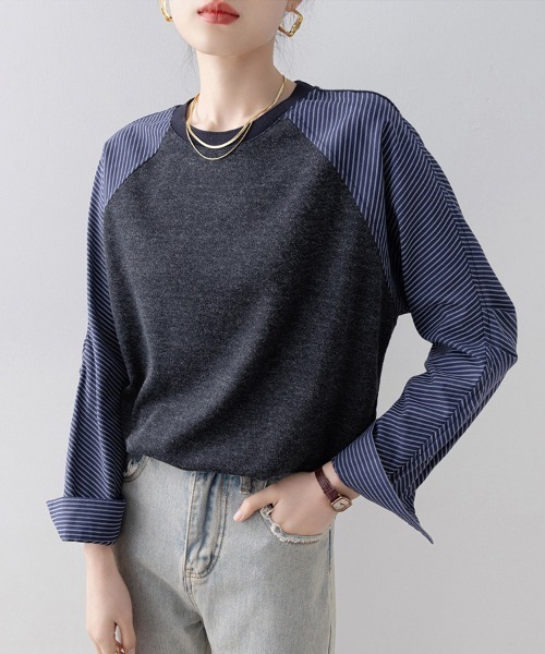 ONEP STAR(ワンピスター)の「異素材切り替えドロスト長袖プルオーバー(Tシャツ/カットソー・レディース・ダークブルー・MEDIUM/LARGE/X-LARGE)」の9枚目の写真