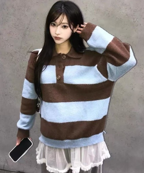 AVYL（アヴィル）の「バイカラー太ボーダー衿付きニットスキッパープルオーバー（ニット/セーター・レディース・ピンク/ブルー・M）」の8枚目の写真