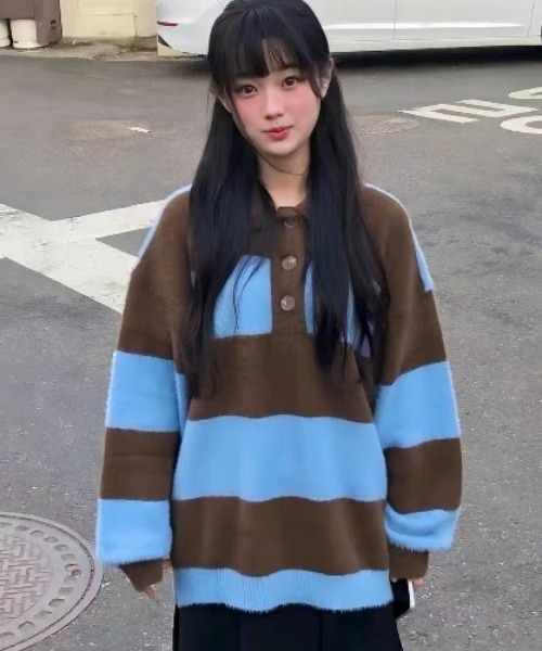 AVYL（アヴィル）の「バイカラー太ボーダー衿付きニットスキッパープルオーバー（ニット/セーター・レディース・ピンク/ブルー・M）」の19枚目の写真