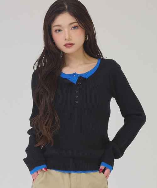 ANAP(アナップ)の「ヘンリーネック配色リブトップス(ニット/セーター・レディース・ライトグレー/ブラック/ブラウン・F)」の12枚目の写真