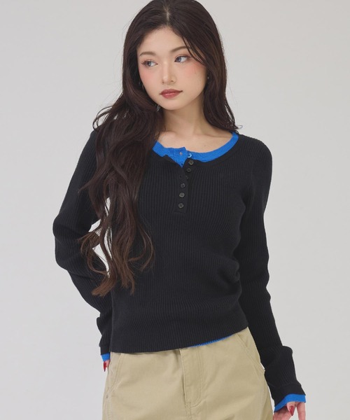 ANAP(アナップ)の「ヘンリーネック配色リブトップス(ニット/セーター・レディース・ライトグレー/ブラック/ブラウン・F)」の13枚目の写真