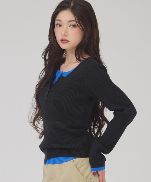 ANAP(アナップ)の「ヘンリーネック配色リブトップス(ニット/セーター・レディース・ライトグレー/ブラック/ブラウン・F)」の14枚目の写真