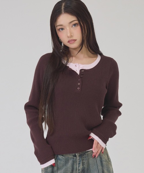 ANAP(アナップ)の「ヘンリーネック配色リブトップス(ニット/セーター・レディース・ライトグレー/ブラック/ブラウン・F)」の8枚目の写真