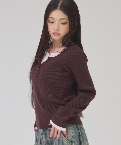 ANAP(アナップ)の「ヘンリーネック配色リブトップス(ニット/セーター・レディース・ライトグレー/ブラック/ブラウン・F)」の9枚目の写真