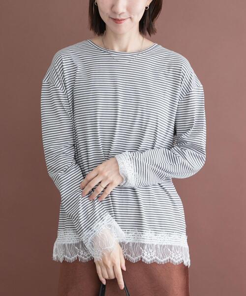 ITEMS URBANRESEARCH(アイテムズ アーバンリサーチ)の「レース切替ロングTシャツ(Tシャツ/カットソー・レディース・ホワイト系その他/ブラウン/グレー系その他・FREE)」の3枚目の写真