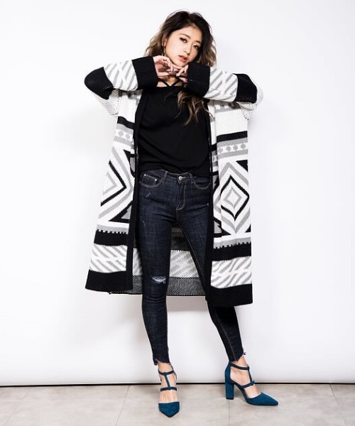 EGOIST（エゴイスト）の「ジャガードロングカーデ（カーディガン/ボレロ・レディース・ブラック/グレー/ブルー・FREE）」の5枚目の写真