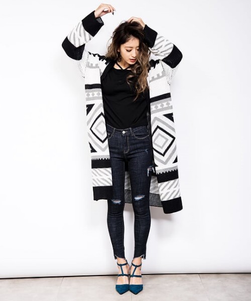 EGOIST（エゴイスト）の「ジャガードロングカーデ（カーディガン/ボレロ・レディース・ブラック/グレー/ブルー・FREE）」の8枚目の写真