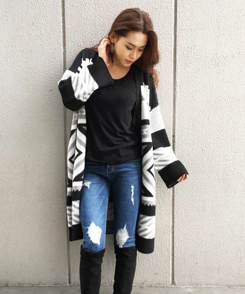 EGOIST（エゴイスト）の「ジャガードロングカーデ（カーディガン/ボレロ・レディース・ブラック/グレー/ブルー・FREE）」の9枚目の写真