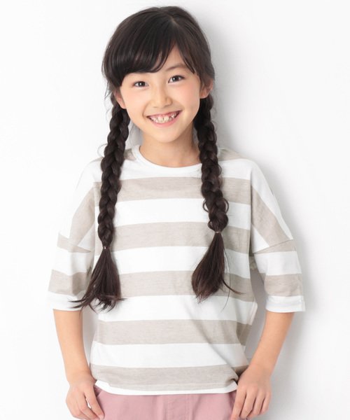 devirock(デビロック)の「ワイドボーダーゆるっとTシャツ(Tシャツ/カットソー・キッズ・レッド系その他/スモークピンク/ブラック/グレー系その他/ネイビー/ラベンダー/キャメル・130cm/80cm/90cm/100cm/110cm/120cm/140cm/150cm/160cm)」の2枚目の写真