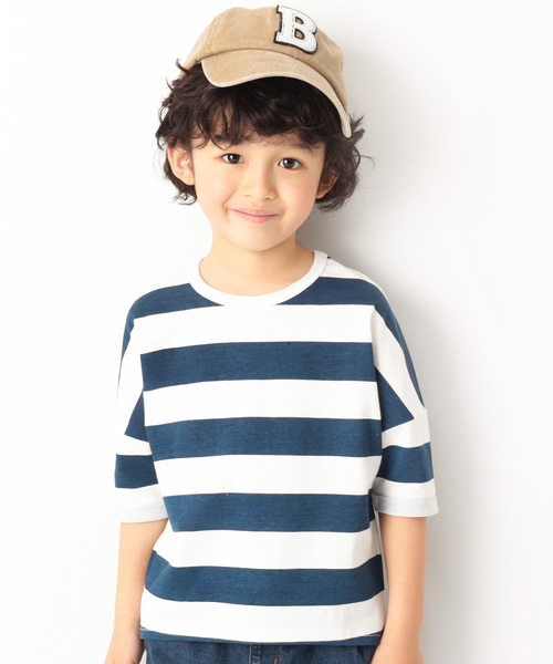 devirock(デビロック)の「ワイドボーダーゆるっとTシャツ(Tシャツ/カットソー・キッズ・レッド系その他/スモークピンク/ブラック/グレー系その他/ネイビー/ラベンダー/キャメル・130cm/80cm/90cm/100cm/110cm/120cm/140cm/150cm/160cm)」の3枚目の写真