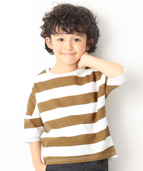 devirock(デビロック)の「ワイドボーダーゆるっとTシャツ(Tシャツ/カットソー・キッズ・レッド系その他/スモークピンク/ブラック/グレー系その他/ネイビー/ラベンダー/キャメル・130cm/80cm/90cm/100cm/110cm/120cm/140cm/150cm/160cm)」の5枚目の写真