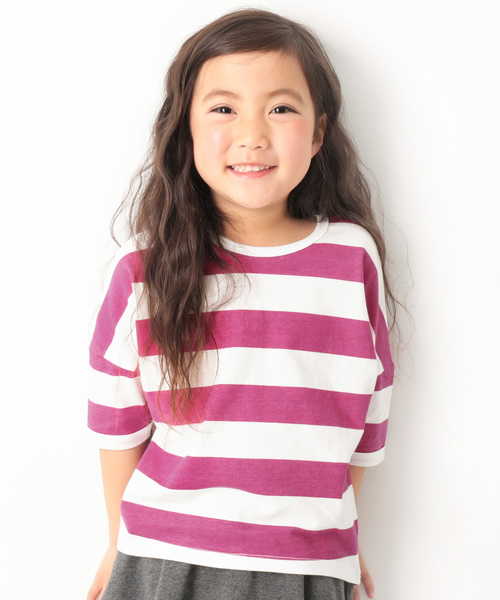 devirock(デビロック)の「ワイドボーダーゆるっとTシャツ(Tシャツ/カットソー・キッズ・レッド系その他/スモークピンク/ブラック/グレー系その他/ネイビー/ラベンダー/キャメル・130cm/80cm/90cm/100cm/110cm/120cm/140cm/150cm/160cm)」の7枚目の写真