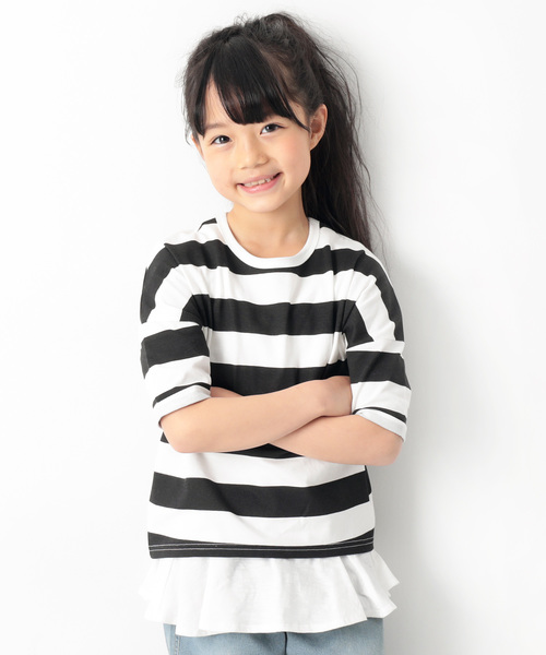 devirock(デビロック)の「ワイドボーダーゆるっとTシャツ(Tシャツ/カットソー・キッズ・レッド系その他/スモークピンク/ブラック/グレー系その他/ネイビー/ラベンダー/キャメル・130cm/80cm/90cm/100cm/110cm/120cm/140cm/150cm/160cm)」の1枚目の写真