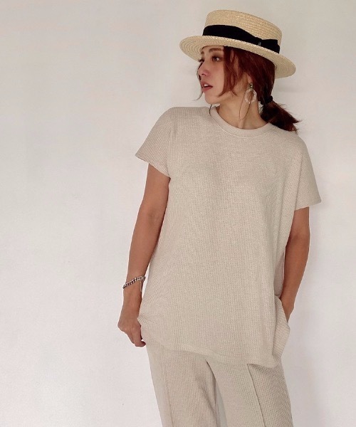 M y u(ミュー)の「前後2way♪パールワッフルT(Tシャツ/カットソー・レディース・ブラック/オフホワイト/ピンク/ラベンダー/ライトベージュ・FREE)」の3枚目の写真